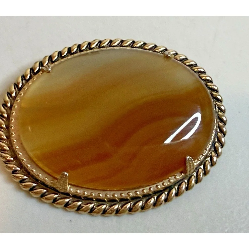 Vintage Orange Banded Agate Twisted Rope Oval Large Brooch Pin Retro‎ Silver